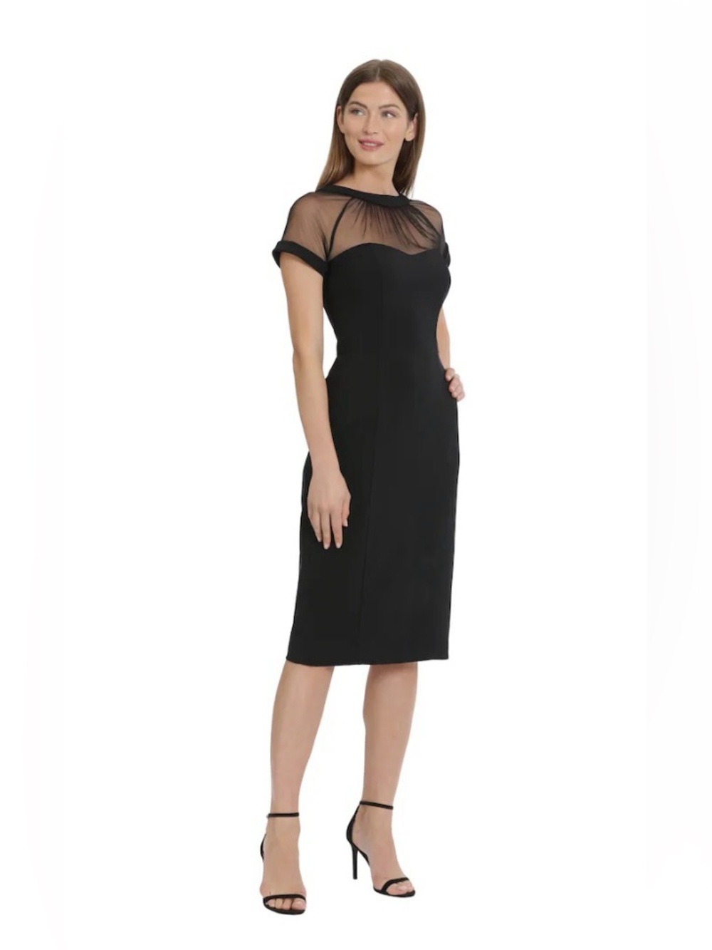 Elegant Black Sheer Yoke Midi Dress